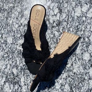 Black Material Espadrilles Heeled Sandals Size 7